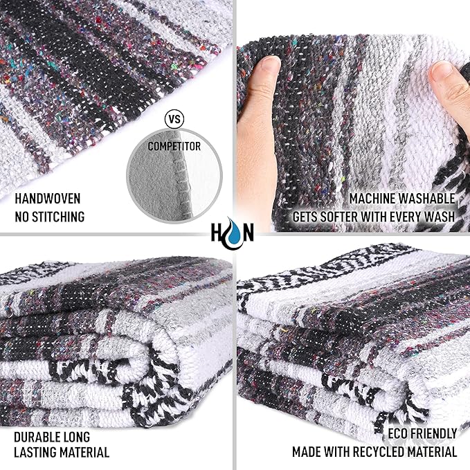 Hydration Nation Authentic Extra Large Mexican Blanket (70"x50") - Handwoven Yoga, Serape- Artisanal Falsa, Beach, Camping, Picnic, Outdoor(Gray)