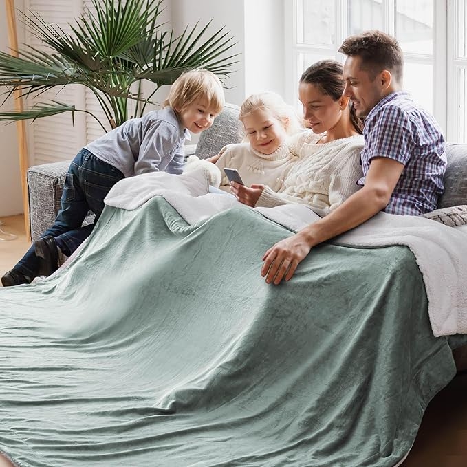 Bedsure GentleSoft Sherpa Fleece Oversized Cal King Blankets for Bed - Thick and Warm, Soft Fuzzy Plush Large Blanket for Winter, Sage Green, 112x98 Inches
