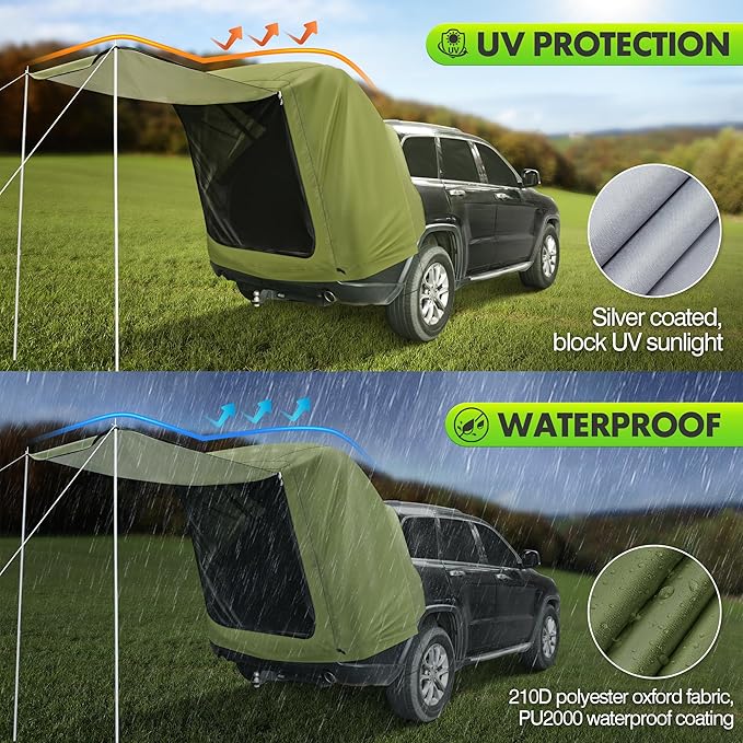 SUV Tailgate Tent with Awning - Waterproof SUV Tents for Camping, Car Hatchback Truck Roof Canopy Sun Shade Privacy Shelter for Outdoor Travel, Universal Fit Most SUV