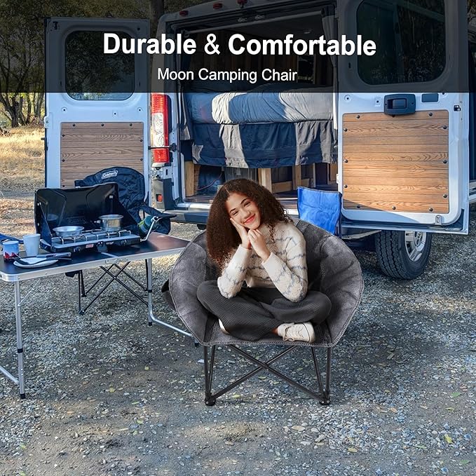Northroad Folding Compact Camping Moon Chair, Outdoor Padded Saucer Round Chair w/Cup Holder Supports up to 300 lbs for Beach Hiking Fishing Picnic Lawn,Black