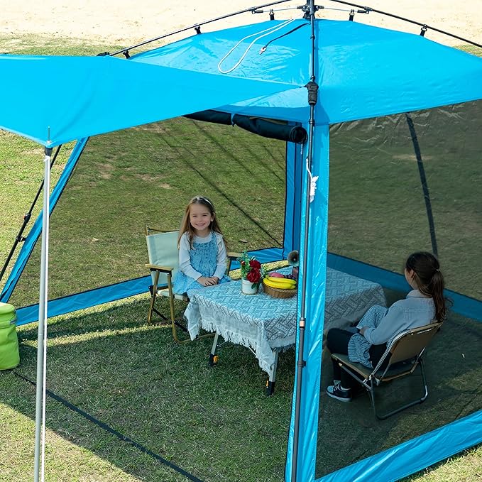 Pop Up Screen House Gazebo 8.2'x8.2'x75'', 4-6 Person Portable Screen Room with Sun & Insect Protection, Sturdy Frame Foldable Outdoor Canopy for Backyard, Camping, Park, Garden,Backyard-Blue