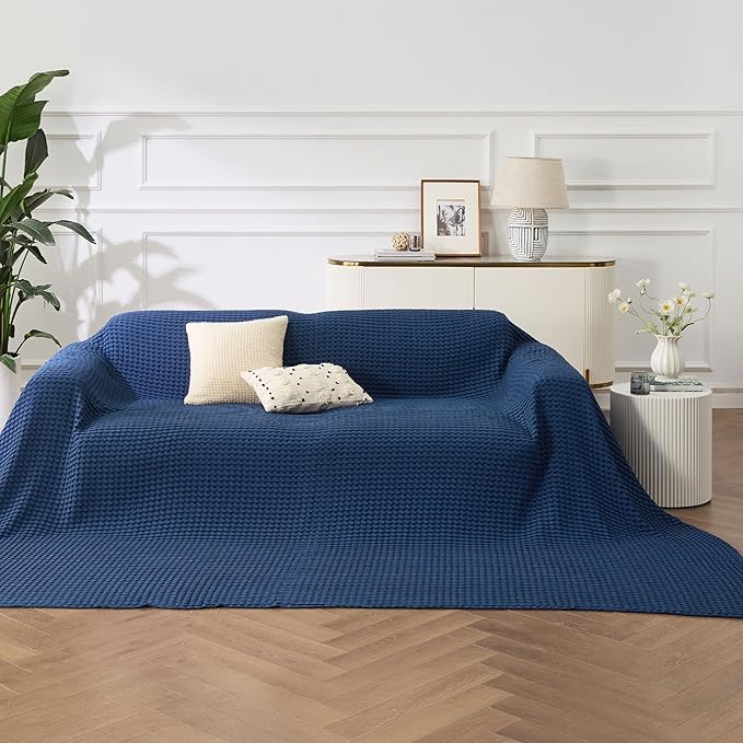 Bedsure Cooling Cotton Waffle Oversized King Blanket - Lightweight Breathable Rayon Derived from Bamboo for Hot Sleepers, Luxury Throws for Bed and Sofa, Navy, 120x96 Inches