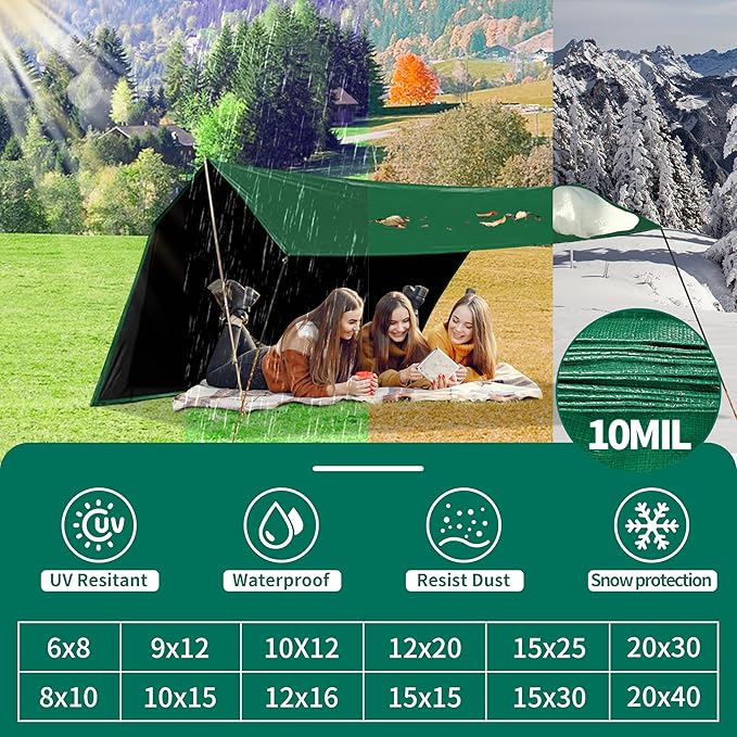 Tarp 10x12 ft Heavy Duty 100% Waterproof 10mil,UV Resistant,Durable Grommets and Reinforced Edges Green/Black Tarp for Camping, Swimming Pools,Car Coverage -by MVPNET