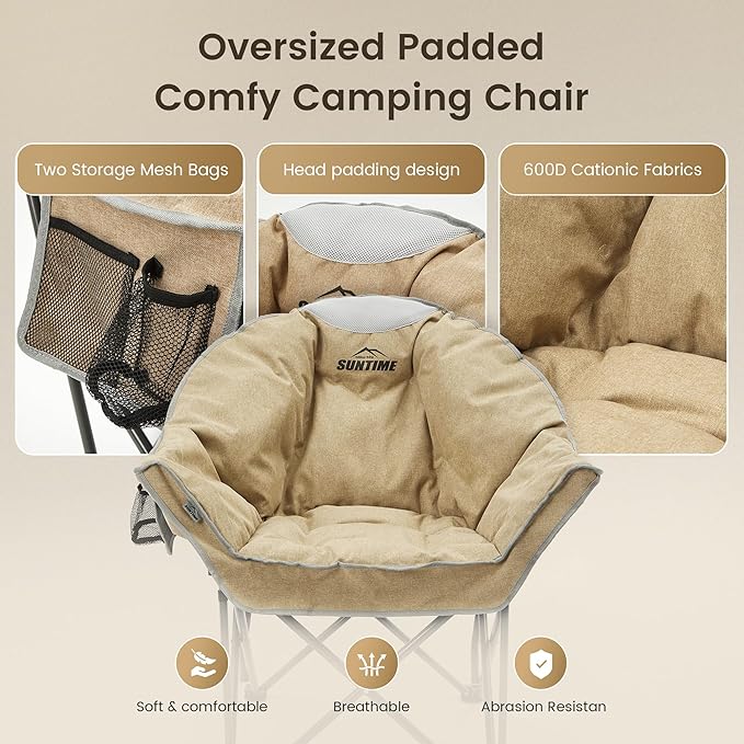 Oversized Padded Comfy Camping Chair for Adults, Portable Padded Lawn Chair, Weight Capacity 450 LBS, Heavy Duty Moon Leisure Folding Chair for Camping, Hiking, Carry Bag, Beige (2 Pack)