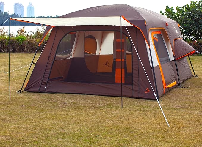 KTT Extra Large Tent 6-10-12-14 Person(Style-B),Family Cabin Tents,2 Rooms,3 Doors and 3 Windows with Mesh,Straight Wall,Waterproof,Double Layer,Big Tent for Outdoor,Picnic,Camping,Family Gathering