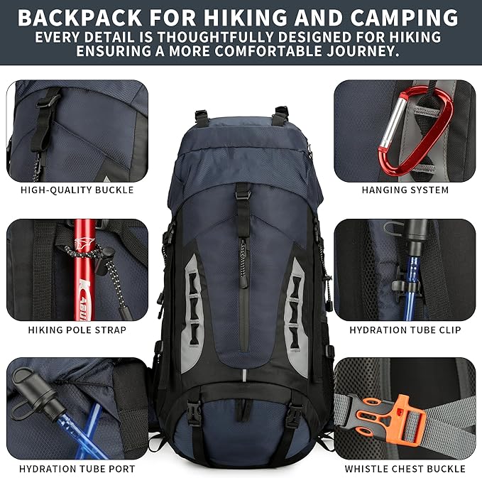 75L Hiking Backpack with Rain Cover Waterproof Camping Backpack Shoes Warehouse for Men Women, Frameless