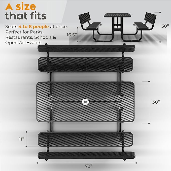 Metal Picnic Furniture for Outdoors with Umbrella Hole - Coated Steel Heavy Duty Commercial Grade Table with Adjustable Seats, Patio Set for a Lifetime (Black, 6' Rectangular with Back)