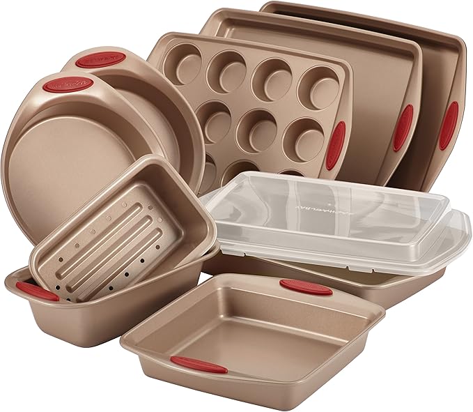 Rachael Ray Cucina Dishwasher Safe Hard Anodized Nonstick Cookware Pots and Pans Set, 12 Piece, Gray with Orange Handles & Cucina Nonstick Bakeware Set, 10 Piece, Latte Brown with Cranberry Red Grips
