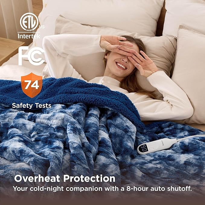 Bedsure Faux Fur Heated Blanket Twin Size, Fast Heating Electric Blanket Twin Size with 6 Heating Levels & 10 Time Settings, Cozy Gifts for Women Men (62x84 inches, Denim Blue)