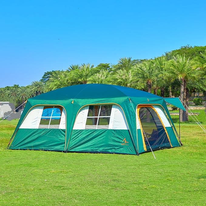 KTT Extra Large Tent 12-14 Person,Family Cabin Tents,2 Rooms,Straight Wall,2 Doors 4 Windows with Mesh,Waterproof,Straight Wall,Big Tent for Outdoor,Picnic,Camping,Gathering(Brown)
