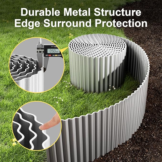 Land Guard Corrugated Garden Edging Border,12" x 50' Landscape Paver Edging, Tall Landscape Edging, Fence for Garden, Flower Bed, Lawn and Landscape Edging (Silver)