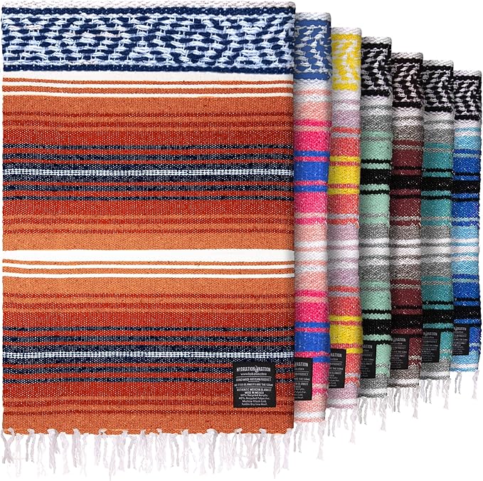 Hydration Nation Authentic Large Handwoven Mexican Blanket - Soft Yoga- Durable Serape- Lightweight Falsa, Beach, Camping, Picnic, Outdoor Blanket 70"x50" - Orange Gold