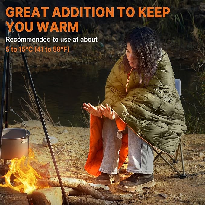 Down Puffy Blanket for Car Camping Outdoor Travel Backpacking, Duck Down Lightweight Portable Soft Warm Cozy Camping Blanket Quilt, 53"x78", Olive Green