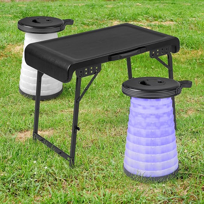Tangkula 3 Piece Camping Set, Folding Table with 2 Collapsible LED Stools, Carry Handle, Portable & Lightweight for Outdoor Hiking Camp Picnic Fishing