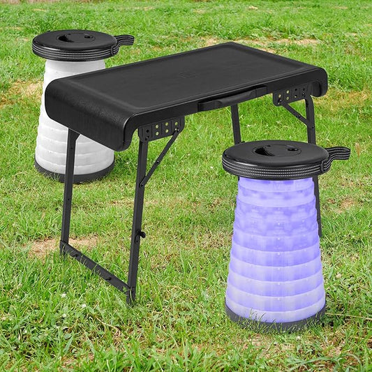 Tangkula 3 Piece Camping Set, Folding Table with 2 Collapsible LED Stools, Carry Handle, Portable & Lightweight for Outdoor Hiking Camp Picnic Fishing