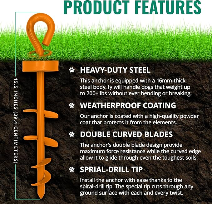 IntelliLeash Heavy Duty Tie-Out Stake: Surface-Lock Technology for Pulling and Bending Prevention, 360-Degree Swivel Ring, Weather-Resistant Coating for Maximum Durability and Tangle-Free Design