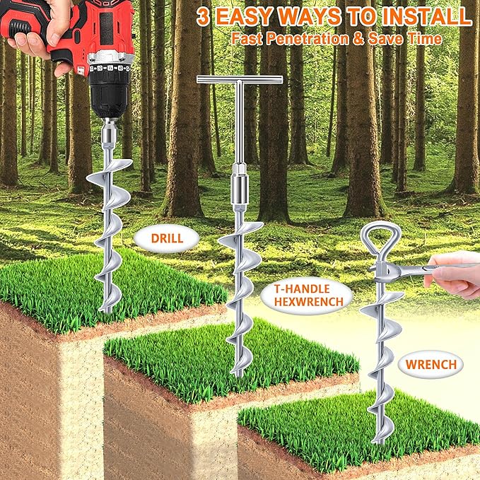 Ground Anchors Screw in 15 Inch, 4Pack Tent Stakes Heavy Duty with T-Handle Hex Wrench and Power Nut Driver