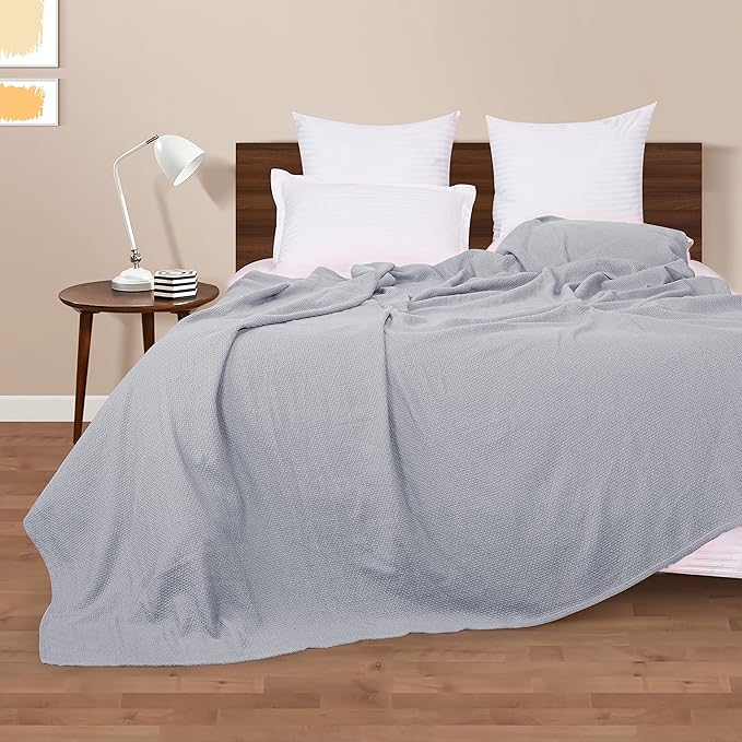 BOUTIQUO 100% Cotton Bed Blanket, Breathable Thermal Blanket Full - Queen Size, Soft Honeycomb Waffle Blanket 90"x90", Cotton Bed Blanket, Perfect for Layering Any Bed for All Season, Light Grey