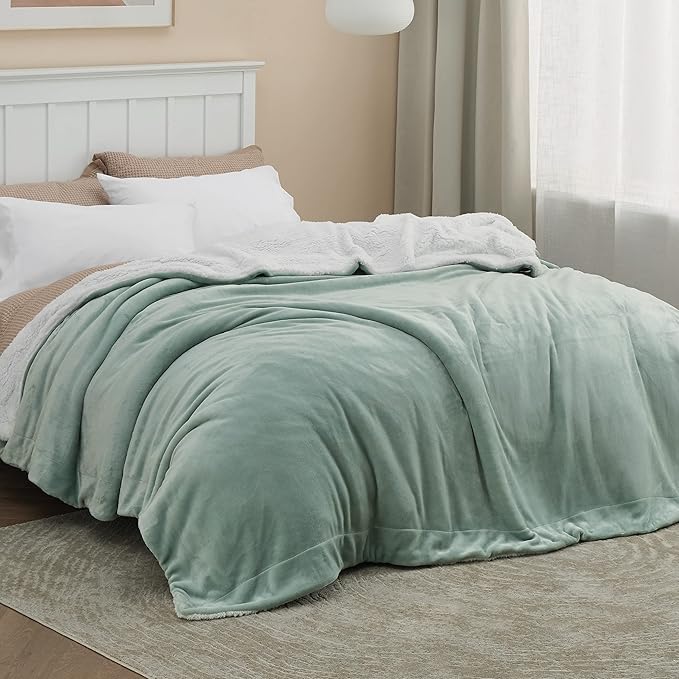 Bedsure Sherpa Fleece Blankets King Size for Bed - Thick and Warm, Soft Fuzzy Plush King Blanket for Winter, Sage Green, 108x90 Inches