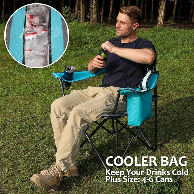 VILLEY Camping Chair, Oversized Folding Camp Chair, Portable Outdoor Chairs Support 450 LBS with Padded Seats, Cooler Bag, Cup Holder, Carry Bag, Blue
