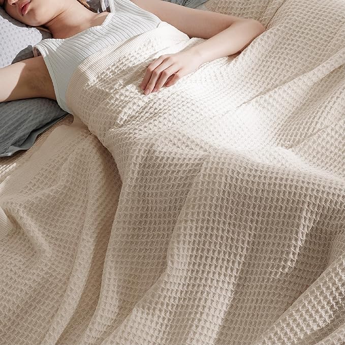 Bedsure Gentlesoft 100% Cotton Large Blanket Oversized King for Bed - Breathable Thick Waffle Weave Blanket for Summer, Couch Cover, Khaki (a Little Bit Yellow), 120x94 inches