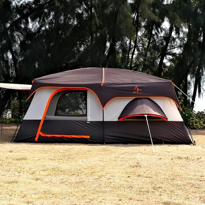 KTT Extra Large Tent 12 Person,Family Cabin Tents,Full Rainfly,2 Bay-Windows,2 Rooms and 3 Doors 3 Windows with Mesh,Waterproof,Straight Wall,Double Layer,Big Tent for Outdoor,Picnic,Camping