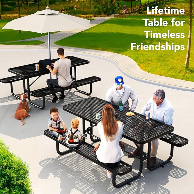 Metal Picnic Furniture for Outdoors with Umbrella Hole - Coated Steel Heavy Duty Commercial Grade Table with Adjustable Seats, Patio Set for a Lifetime (Black, 6' Rectangular)