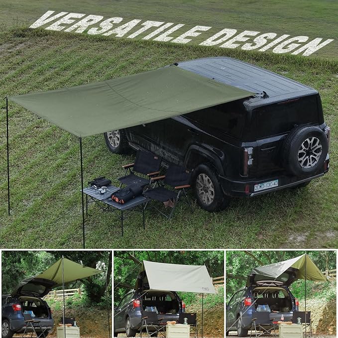 Portable Car Awning for SUV, Vehicle Awning for Camping Van Truck, Needn't Roof Rack Hardwares Waterproof UV50+ Army Green 10 x 6.56 ft
