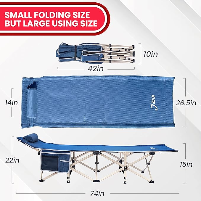 Nice C Camping Cots, Cots for Adults, Folding Cot, with Pillow, Carry Bag & Storage Pocket, Extra Wide Sturdy, Holds Up to 500 Lbs (2, Grey)
