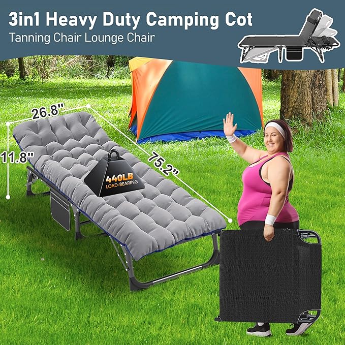 ABORON 3-in-1 Folding Patio Lounge Chair, 440LB Heavy-Duty Tri-Fold Guest Bed with Plush Cotton Cushion, No Assembly Adjustable Recliner for Office Nap, Patio Sunbathing, Poolside & Camping