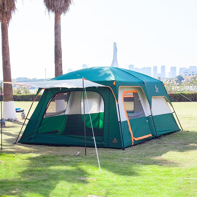 KTT Extra Large Tent 6-10-12-14 Person(B),Family Cabin Tents,2 Rooms,3 Doors and 3 Windows with Mesh,Straight Wall,Waterproof,Double Layer,Big Tent for Outdoor,Picnic,Camping,Family Gathering
