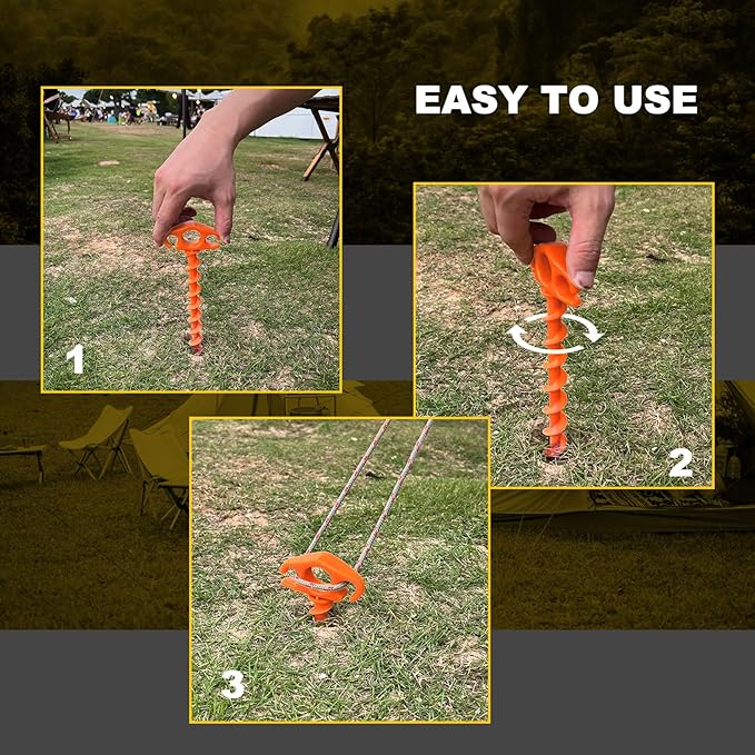 Tent Stakes Ground Anchors Screw in, 10 Pack Sand Stakes for Beach 9.4 Inch Heavy Duty Spiral Tent Pegs for Camping, Party, Hiking, Outdoor Decoration (10, Orange)