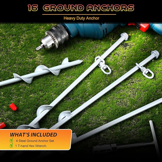 Hiboom Ground Anchor Screw Heavy Duty Earth Anchors Tent Stakes for High Wind with T Handle Hex Wrench Trampoline Hook Ground Stakes for Camping Canopies Car Ports Sheds