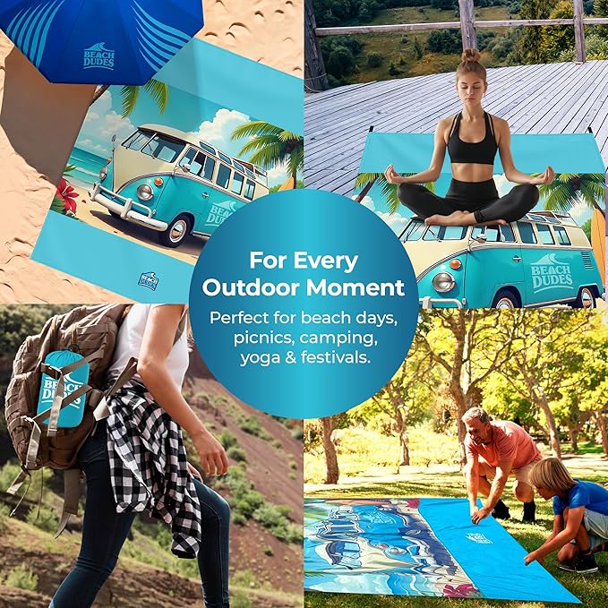 Sandproof Waterproof Beach Blanket Extra Large 108"x 84", Mat for Family, Quick Dry Ripstop Nylon Lightweight, Compact for Travel, Picnic, Camping w/ 4 Anchor Stakes and Carry Bag