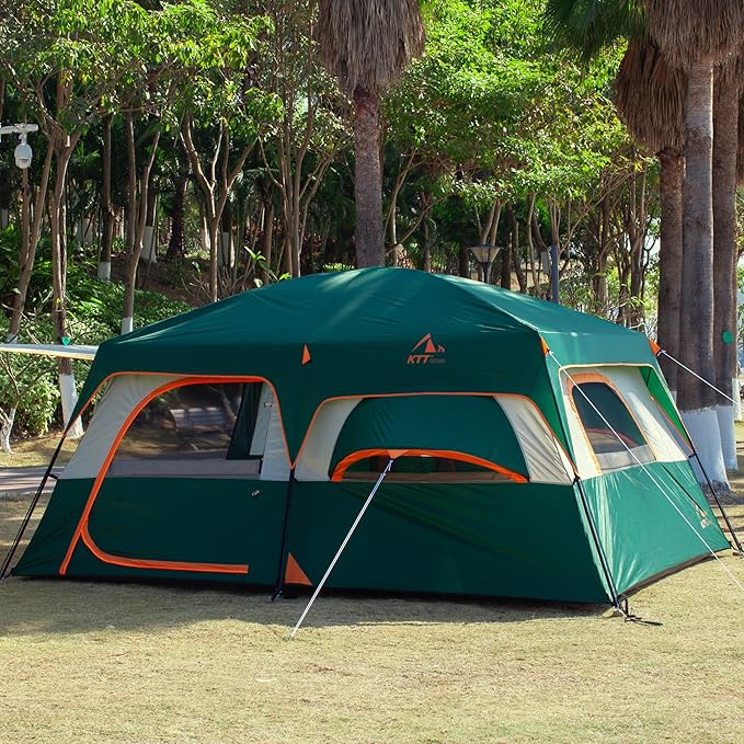 KTT Extra Large Tent 10-12-14 Person(A),Family Cabin Tents,2 Rooms,3 Doors and 3 Windows with Mesh,Straight Wall,Waterproof,Double Layer,Big Tent for Outdoor,Picnic,Camping,Family Gathering