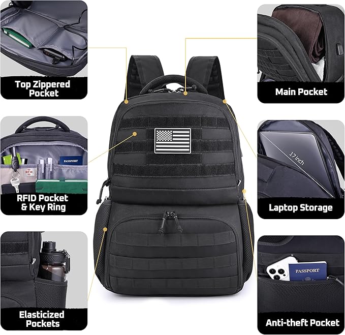 MOZETO Laptop Lunch Backpack for Men, Tactical Inspired Utility Anti-Theft Work Bag with Cooler Compartment Lunchbox (Black, 17 Inch)