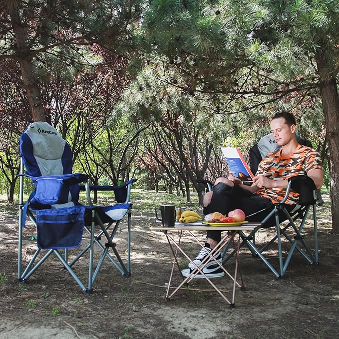 KingCamp Folding Portable Camping Chairs Oversized Padded Quad Arm Chair with Cooler Bag, Cup Holder and Side Pocket, Heavy Duty Supports 300 lbs for Outdoor, Lawn, Fishing, Sports
