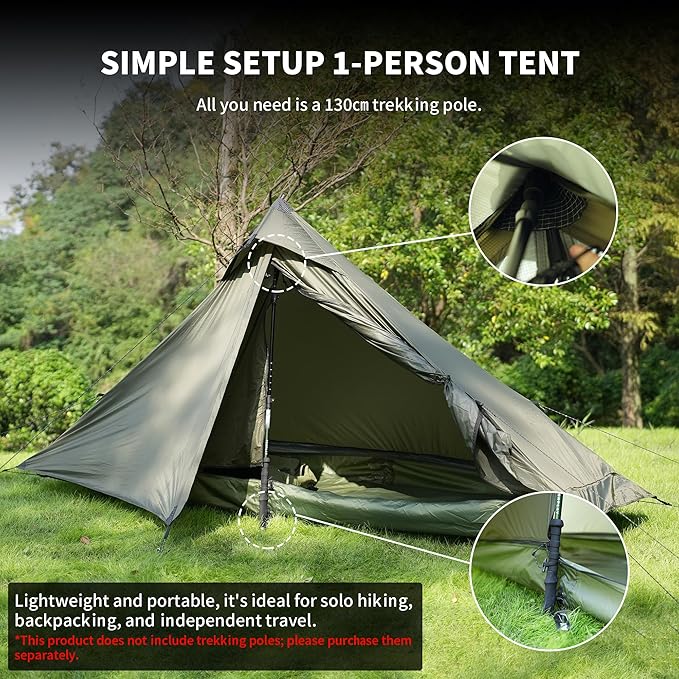 TENPLAY Ultralight 1 Person Tent - 970g 20D Nylon, 130cm Height, PU5000 Waterproof, Easy Setup, NO Trekking Pole for Hiking, Camping & Mountaineering