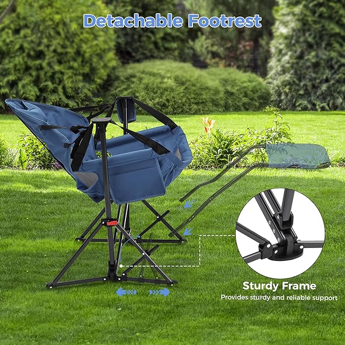 Ainfox Hammock Camping Chair with Footrest, Heavy Duty Foldable Portable Rocking Hammock Chairs Outside Swinging Camp with Cup Holder Pillow for Outdoor Patio Poolside Beige Dark Blue