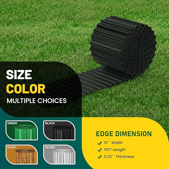 Corrugated Metal Garden Edging, 10"×10Ft Durable Landscape Border for Garden, Lawn, Flower Beds and Paver Edging (Black)