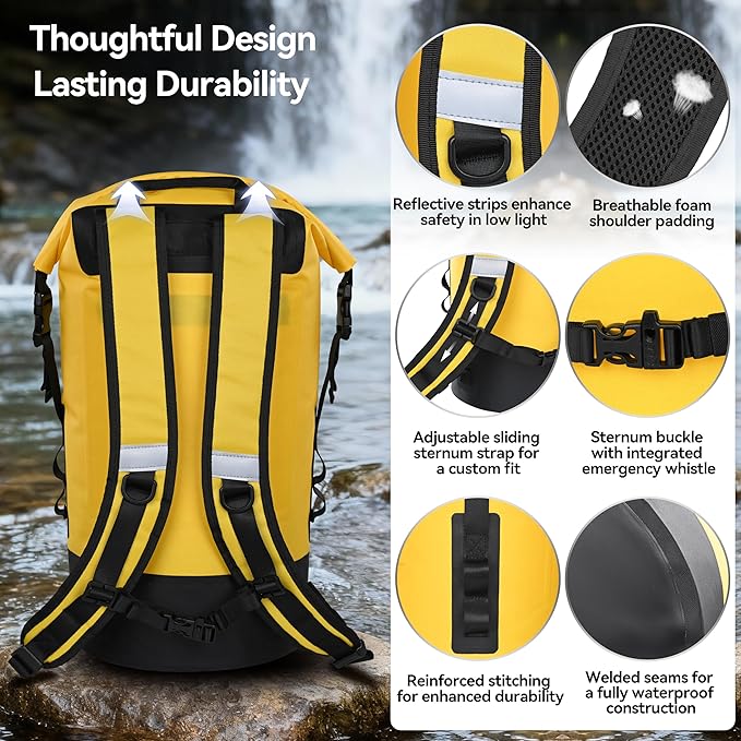 MARCHWAY Floating Roll Top Dry Bag, Flexible Lightweight TPU Waterproof Backpack 20L/30L/40L with Padded Straps for Boating, Kayaking, Swimming, Hiking, Beach (Yellow, 20L)