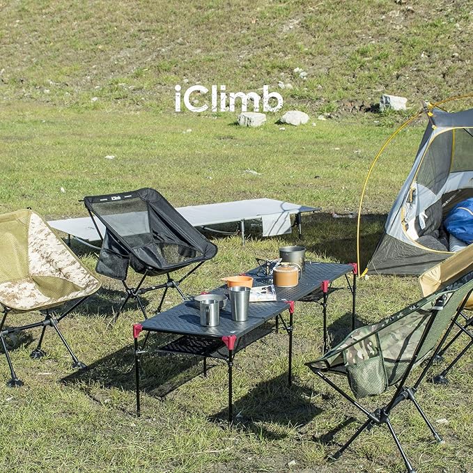 iClimb Extendable Folding Table Large Tabletop Area Ultralight Compact with Hollow Out Tabletop and Carry Bag for Camping Backpacking Beach Concert BBQ Party, Three Size (Black - S)