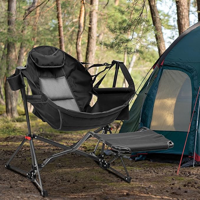 Ainfox Hammock Camping Chair with Footrest, Heavy Duty Foldable Portable Rocking Hammock Chairs Outside Swinging Camp with Cup Holder Pillow for Outdoor Patio Poolside Black Dark Blue