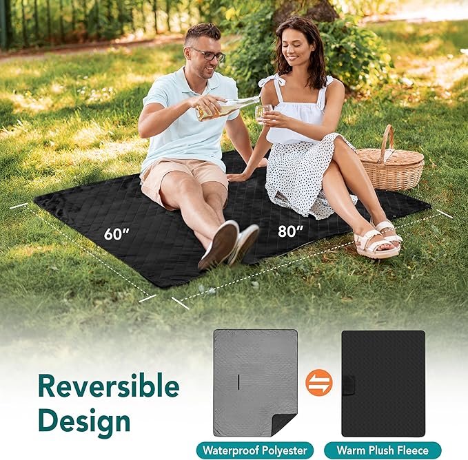 SUN CUBE Large Waterproof Camping Blanket, Fleece Quilted Stadium Blanket for Cold Weather, Windproof Foldable Outdoor Blanket Mat for Picnic, Beach, Pets, Car, 60x80in