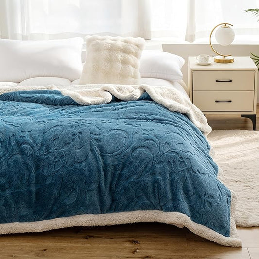 UKELER Sherpa Throw Blanket 60 × 80 inch Floral Design Cozy Fleece Blanket for Bed Couch Sofa Camping, Great Gift for Mother's Day, Father's Day, Thanksgiving, Christmas,New Year's Day, Navy Blue