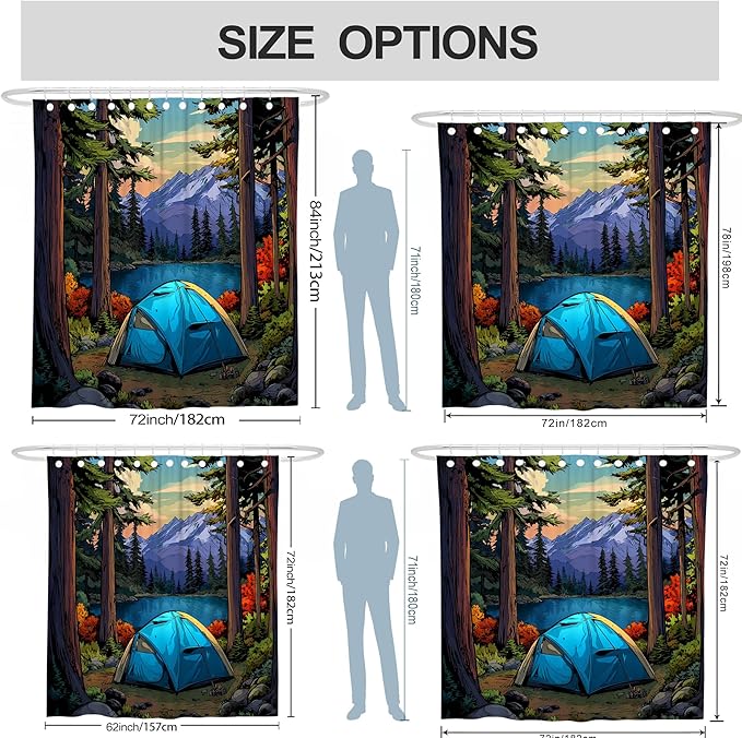 Mountain Lake Shower Curtain, Vibrant Blue Camping Tent Nature Scene Bathroom Decor, Outdoor Spring Summer Wilderness Art Waterproof Fabric Curtain with Hooks 72x78 Inch