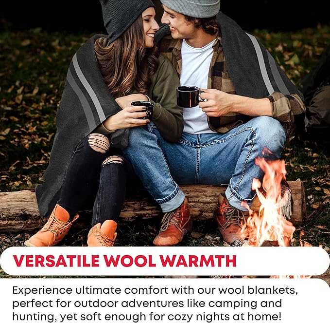 Military Wool Blanket - 95% Wool, Washable, Perfect for Outdoors, Picnics, Travel, Car & Bushcraft Emergency Blanket, 96" x 96" 6.65 lbs. - Grey with Stripes - Queen Size