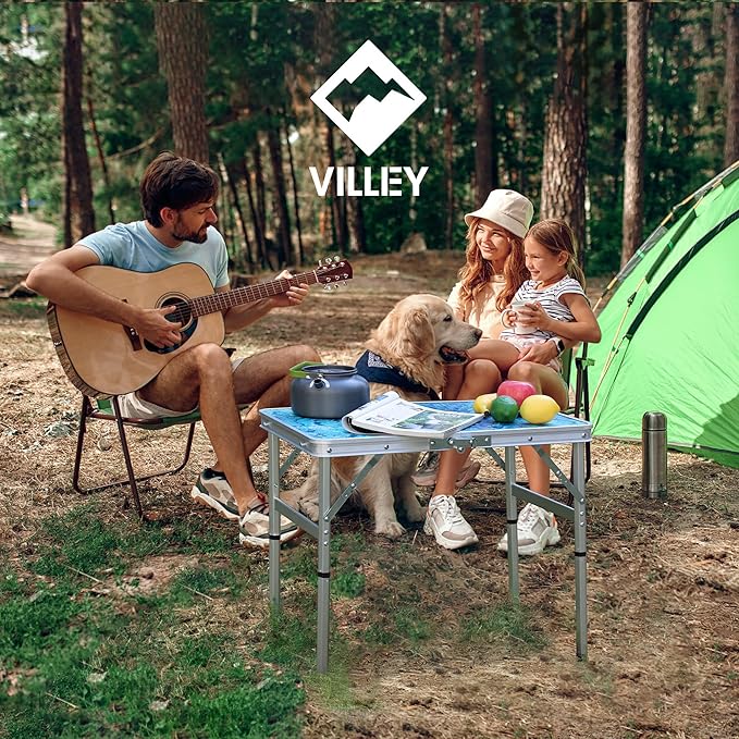 VILLEY Folding Camping Table 2FT, Portable Small Picnic Table with Adjustable Height, Lightweight Aluminum Foldable Table Small Folding Table with Carry Handle for Outdoor Indoor BBQ Hiking Beach