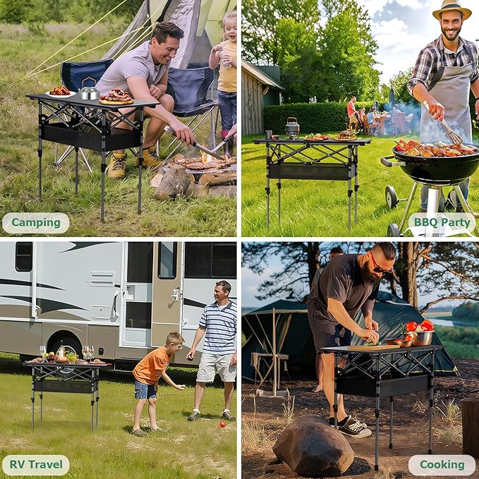 Folding Camping Table Portable Pinic Table 2 Level Height Adjustable Roll-up Tables Aluminum Foldable Camp Table with Storage Bag 4-6 Person Large Tables for Outdoor Indoor Hiking Camp BBQ Beach