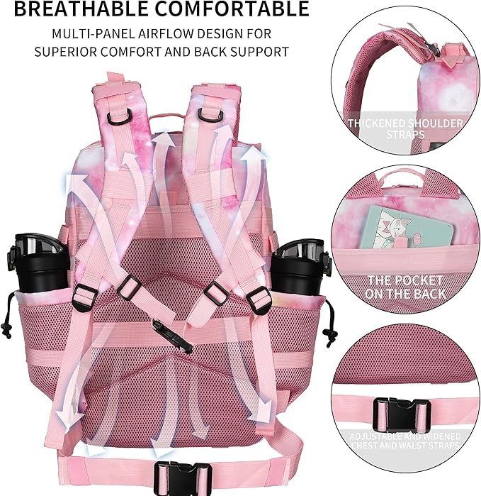 Military Tactical Backpack 45L/25L 3 Day Assault Pack Molle Daypack Hiking Backpack for Men and Women (Pink StarrySky, 45L)